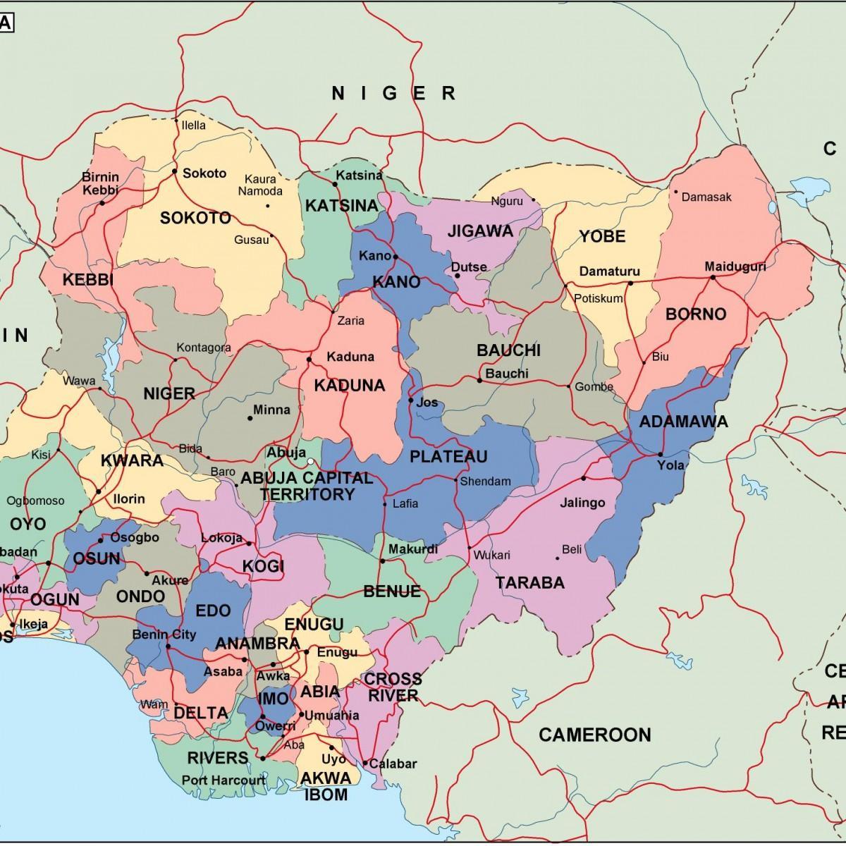 نقشه از نیجریه با ایالات و شهرستانها