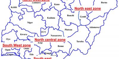نقشه از نیجریه نشان دادن شش جغرافیای سیاسی منطقه